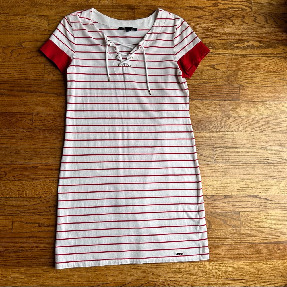 Price reduced: Red & White t-shirt dress with shoestring  laced at neck.